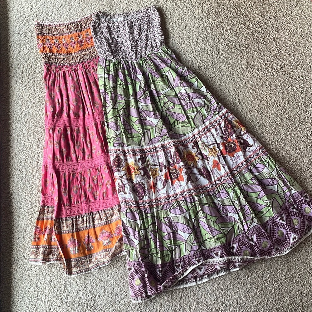 Two women’s strapless maxi dresses size small